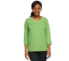 Great basics like this stretch V-neck top are the building blocks of a stylish wardrobe--you can never have too many! Shorter 3/4-length sleeves make the design both contemporary and seasonless. From Denim & Co.(R) Fashions.  Perfect Jersey(R) is Denim & Co.'s most popular fabric. Made from a cotton-spandex blend, Perfect Jersey is an easy-care, easy-wear knit that is extremely versatile. It has a very soft hand and offers a level of stretch and recovery above and beyond that of 100% cot The Building, Soft Hands, Above And Beyond, Jersey Top, Easy Wear, V Neck Tops, Cotton Spandex, Building Blocks, Long Sleeve Tshirt Men