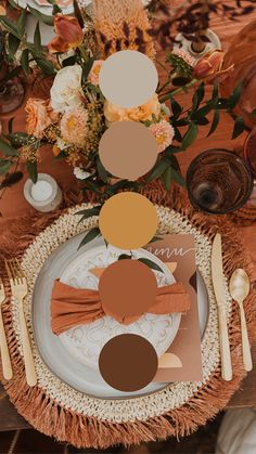 the table is set with an orange and brown theme