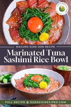 Marinated tuna sashimi over rice topped with shredded Perilla leaves and a raw egg yolk in a mottled white and brown ceramic bowl on wooden background Tuna Marinade, Marinated Tuna, Raw Tuna, Rice Bowl