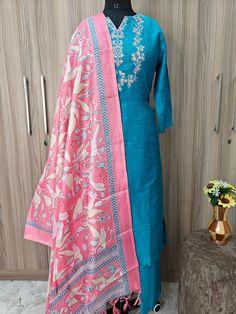 Indian Wedding Wear Salwar Kameez / Indian Ethnic Dress / Plus Size Silk Kurta Dress Traditional Indian Wear / Salwar Kameez Dupatta / Kurti Palazzo Set / Party Wear/ Silk Kurta Set Product Details Turquoise Blue & Pink embroidered Kurta with Trousers with dupatta    *Kurta design:  Floral Embroidered *Straight Shape *Regular Style * 3/4 Sleeves * Calf length straight hem * Silk Blend weave fabric Trousers design: * Solid Trousers *Elasticated waistband *Slip-on closure Material & Care Kurta  fa Turquoise Straight Kurta For Diwali, Anarkali Kurta In Turquoise For Eid, Anarkali Turquoise Kurta For Eid, Turquoise Anarkali Kurta For Eid, Designer Turquoise Sharara For Festive Occasions, Traditional Light Blue Festive Dress, Designer Turquoise Saree Sets, Bollywood Turquoise Saree Set, Blue Embroidered Unstitched Suit In Dola Silk