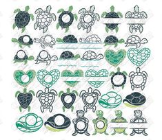 turtles and hearts are in the shape of heart shapes on a white background with green accents