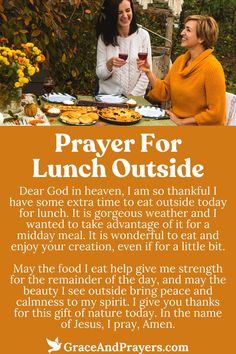 two women sitting at a table with food and drinks in front of them that says prayer for lunch outside