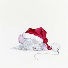 a drawing of a white mouse wearing a red and white santa's hat with pom - poms