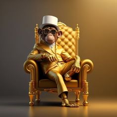 a monkey sitting in a golden chair with a hat and sunglasses on it's head