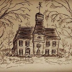 a drawing of a church in the woods