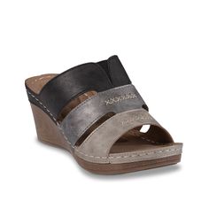 Good Choice-Delores Wedge Sandal Slide into the Delores wedge sandal from Good Choice for your new warm weather go-to. The tri-colored upper is lifted with a faux wood wedge heel for dazzling appeal. Silver Wedge Sandals With Cushioned Footbed, Black Wedge Sandals, Wedge Sandal, Faux Wood, Tri Color, Wedge Heels, Wedge Sandals, Warm Weather, Wedges