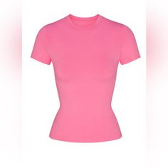 Skims Cotton Jersey T-Shirt Nwt Large Limited Edition Color Sugar Pink Sold Out Online Our Viral T-Shirt In The Cotton Everyone Craves. This Perfect Five-Star Tee Is Made With Our Stretchy, Lightweight Cotton That Enhances Your Curves With Its Body-Hugging Fit And Elevates Your Comfort With Its Incredibly Soft Feel. Features Stitching Details Along The Short Sleeves And Hem And Hits Below The Natural Waist. Fits True To Size. Fitted Crew Neck T-Shirt, Pickstitch Detail Along Sleeves And Hem, Hit Pink Fitted Short Sleeve T-shirt, Pink Fitted Trendy T-shirt, Pink Fitted Cropped T-shirt, Pink Fitted Cotton T-shirt, Fitted Pink Short Sleeve T-shirt, Trendy Fitted Pink T-shirt, Pink Cotton Athleisure Top, Fitted Pink T-shirt For Loungewear, Pink Fitted Basic T-shirt