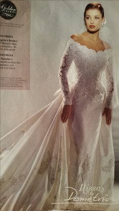 an advertisement for a wedding dress with long sleeves