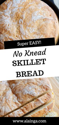 no knead skillet bread recipe with text overlay