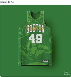 the boston basketball jersey is on display in front of a green background with white lettering