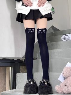 The price is for a pair of socks only, others are not included. Cute Black Knee-high Socks For Winter, Harajuku Style Black Knee-high Socks, Black Fitted Harajuku Socks, Fitted Black Harajuku Socks, Cute Black Cotton Socks, Casual Black Stockings, Black Harajuku Socks For Spring, Cute Black Stretch Socks, Black Thigh High Harajuku Socks