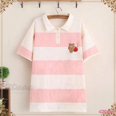 Qteee - Embroidered Lapel T-Shirt featuring Stylish Striped Cartoon Bear Design Casual Embroidered Cotton Polo Shirt, Cute Striped Cotton T-shirt, Casual Cotton Embroidered Polo Shirt, Embroidered Striped Cotton Tops, Striped Embroidered Cotton Tops, Cute Striped Short Sleeve T-shirt, Cute Embroidered Short Sleeve T-shirt, Cute Striped Short Sleeve Tops, Cute Embroidered Short Sleeve Tops