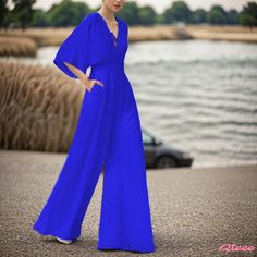 Qteee - Formal Jumpsuit with Wide-Leg, High-Waisted Design Blue Full-length Jumpsuits And Rompers For Summer, Blue Full-length Summer Jumpsuits And Rompers, High Waist Blue Jumpsuits And Rompers, Blue High Waist Solid Jumpsuits And Rompers, High Waist Blue Jumpsuit With Solid Color, Formal Jumpsuit, Strapless Bodycon Dress, Floral Print Jumpsuit, Maxi Dresses Fall