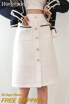 Winter Office Skirt With Pockets, Elegant Winter Skirt With Button Closure, White Midi Skirt For Winter, White Midi Length Skirt With Pockets, White Midi Skirt For Fall, White Knee-length Skirt For Fall, Tweed Skirts, Elegant Office, Skirts Women