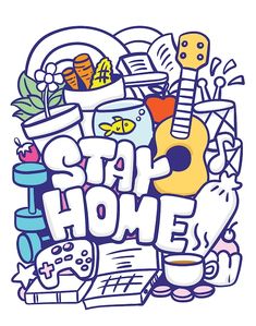 the word art home is surrounded by various items such as a guitar, books, and other things