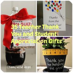 a collage of pictures with words and flowers in vases, teacher thank you and student appreciation gifts