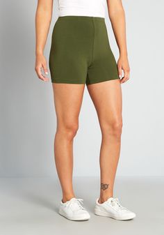 Effortless comfort and style are yours when you have these fun and functional olive green bike shorts accentuating your lounge and activewear wardrobe ! Made from a stretchy cotton-blend knit, this sporty pair boasts a flattering high rise and a shorter inseam than our other biker shorts that hits at the upper thigh. These ModCloth namesake label knit shorts are sure to become a favorite piece in your ample collection of luxe basics. 95% Cotton, 5% Spandex. Machine wash. Imported Fabric provides Vintage Style Swimwear, Designer Plus Size Clothing, Green Bike, Casual Dresses Plus Size, Midi Dress Plus Size, Tunic Hoodie, Vintage Swimwear, Active Outfits, Plus Size Outerwear