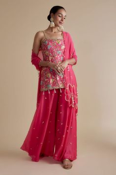 Pink kurta with multicolor cutdana, gold sequin, mirror embellishment in floral pattern. Paired with embellished palazzo and dupatta. - Aza Fashions Kurta Palazzo Set, Pink Kurta, Dresses Traditional, Indian Dresses Traditional, Palazzo Set, Silk Organza, Gold Sequin, Sweetheart Neck, Modern Bride