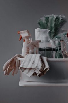 various household care products are arranged on a shelf in front of a gray wall, including gloves and hairdryer