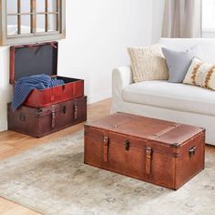 two pieces of luggage sitting on top of a rug in front of a white couch