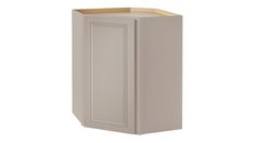 a white cabinet with an open door on the front and bottom side, against a white background