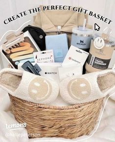 a basket filled with lots of items sitting on top of a bed