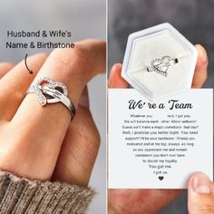 a person holding a wedding ring in their left hand and a card with the words husband & wife's name and birth stone on it