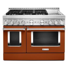 Satisfy your craving to create with a 48-inch KitchenAid® Commercial-Style Range with Even-Heat™ Chrome Electric Griddle. This 6-burner gas range features two versatile 20, 000 BTU Ultra Power™ Dual-Flame Burners with the power and precision to successfully sear, simmer, stir-fry and sauté. The double oven with Even-Heat™ True Convection helps you achieve more consistent baking and roasting. KitchenAid 48-in 6 Burners 4.1-cu ft / 2.2-cu ft Self-cleaning Convection Freestanding Smart Double Oven Freestanding Double Oven, Gas Range Double Oven, Cleaning Oven Racks, Self Cleaning Ovens, Electric Griddle, Dual Fuel Ranges, Large Oven, Gas Oven, Gas Burners