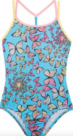 Nike 46226 Girl's Butterfly T Cross-Back One-Piece Swimsuit Size XL Details: T back One piece Butterfly pattern all over Printed Fitted Bodysuit For Playwear, Multicolor Sleeveless Playwear Bodysuit, Playful Fitted Tops For Pool, Fitted Sleeveless Onesie For Beach, Fitted Multicolor Bodysuit For Playwear, Fitted Printed Blue Onesie, Fitted Blue Printed Onesie, Blue Printed Fitted Onesie, Blue Fitted Sleeveless Onesie