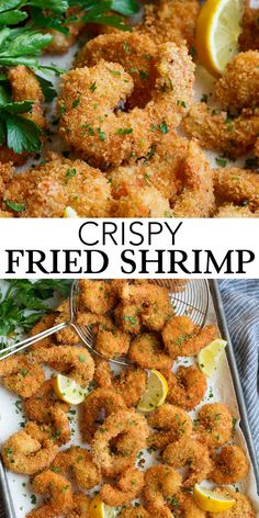 crispy fried shrimp with lemon wedges and parsley on the side is shown