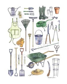 watercolor and ink drawings of garden tools, including shovels, rakes, gardening gloves, watering can, wheelbarrow