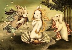 three bunnies are sitting on seashells in front of some trees and flowers