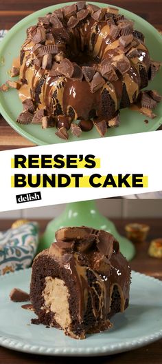 a chocolate bundt cake on a plate with the words reese's bundt cake