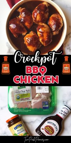 the ingredients to make crockpot bbq chicken are shown in this collage