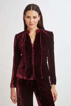 Experience the epitome of luxury with Elie's Plisse Velvet Jacket. Designed with intricate detailing and embroidery, this jacket defines designer. Pair it with its matching velvet pant or with denim for chic night out. Limited Edition 50th Anniversary Collection Elie Tahari Exclusive Plisse Velvet Embroidered Jacket 82% Viscose, 18% Silk Runs true to Size Length From Waist to Hem: Back 22.5"L, Sleeve 32.75"L (approx. length for size 6) Model is 5'9" and wearing size 2 Dry Clean Only Imported Sty Velvet Pant, Long Sleeve Short Dress, Velvet Pants, Velvet Jacket, Elie Tahari, Embroidered Jacket, Knit Tees, Denim Coat, Knit Jacket