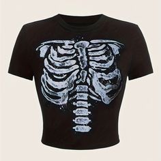 Short Sleeve Slightly Cropped Skeleton/Ribcage Graphic Tee! I Am Typically A M/L In Tops And I Found It To Be A Little Big In The Chest/Shoulders So I Would Say It Is True To Size Xl. Very Stretchy And Soft - 95% Poly 5% Elastane. New/Never Worn! Skeleton Shirt Aesthetic, Sheer T Shirt, Clothing For Flat Chested Women, Ribcage Bleach Shirt, Skeleton Shirt Design, Bleached T Shirt Designs, Unique Graphic Tees, Vampy Clothes, Emo Shirt Designs