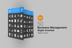the business management glyph inverted icons are displayed on a gray and black background