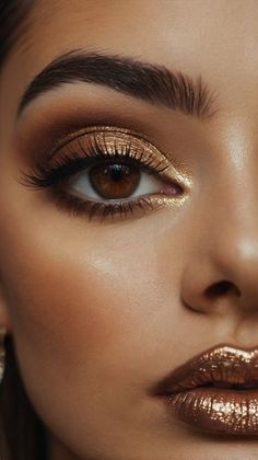 Makeup For Golden Outfit, Gold Fall Makeup, Boho Makeup Looks Black Women, Gold Makeup Looks Blue Eyes, Bold Bridesmaid Makeup, Gold Makeup Looks Hooded Eyes, Amber Eye Makeup, Light Brown Makeup Looks Eyeshadows, Eye Shadow Brown Eyes