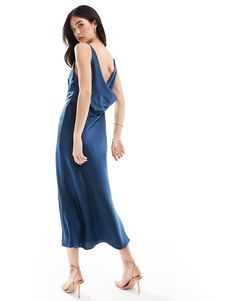 Satin Midi Dress With Tie Back, Chic Satin Midi Dress With Cowl Back, Elegant Blue Cowl Neck Dress, Chic Blue Cowl Neck Dress, Sleek Blue Sleeveless Dress, Square Neck Midi Dress, Formal Dresses Graduation, Cocktail Dress Formal, Winter Party Dress