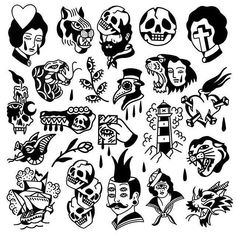 an old school tattoo design is shown in black and white, with skulls on it