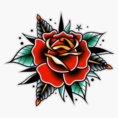 a red rose with green leaves on it's side and an arrow in the middle