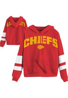 Junk Food Clothing Kansas City Chiefs Womens Red Sideline Hooded Sweatshirt - 11200360 Varsity Long Sleeve Hoodie For Game Day, Hooded Tops For Game Day In Winter, Hooded Winter Tops For Game Day, Game Day Hoodie With Ribbed Cuffs, Team-colored Varsity Long Sleeve Hoodie, Varsity Team-colored Long Sleeve Hoodie, Team-colored Long Sleeve Sweatshirt For Winter, Long Sleeve College Hoodie For Sports Season, Striped Sporty Hoodie With Drawstring