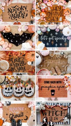 halloween door hangers with words and pumpkins on them, all decorated in different styles