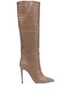 taupe brown calf leather embossed crocodile effect pull-on style high stiletto heel pointed toe Paris Texas Boots, Texas Boots, Brown Knee Boots, Leather Boots Brown, Suede Cowboy Boots, Beige Wedges, Leather Knee Boots, Snakeskin Boots, Criss Cross Sandals