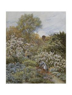 a painting of a garden with flowers and trees in the background, including an old house