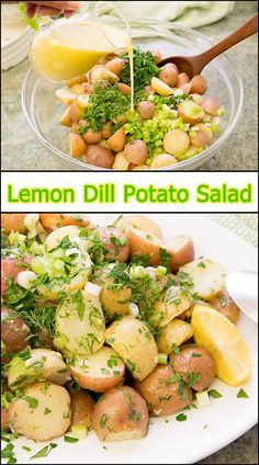 lemon dill potato salad is shown in two separate pictures, and then on the same plate