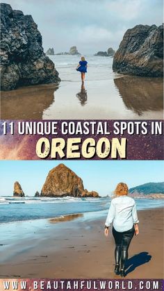 there are two pictures with the words oregon on them and an image of a woman walking along