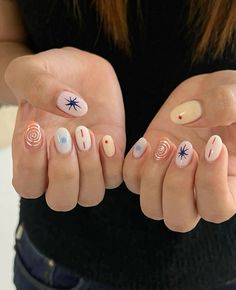 Patterned Gel Nails, Casual Gel Nails, Whimsical Gel Nails, Gel Nail Designs Easy Simple, Nail Polish Patterns, Cute Simple Gel Nail Designs, Blue Mismatched Nails, Nail Cute Korean Pastel, Nail Ideas Manicures