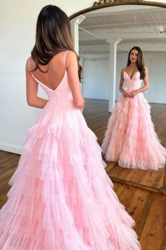 Deep V Neck Princess A-line Spaghetti Straps Zipper Back Long Tulle Pr – Weitese Dress Crazy Prom Dresses, Bodycon Dress Homecoming, Homecoming Dresses Sparkly, Beautiful Ball Gowns, Prom Dresses Long Pink, Sparkly Prom Dresses, Beautiful Long Dresses, Homecoming Dresses Long, Unique Prom Dresses