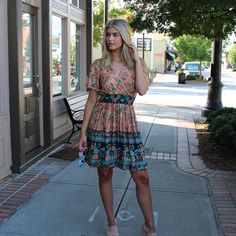 "Chase the sun in our stylish beach dress. Lightweight woven fabric, with a blue and blush floral print, shapes this dress that has a tying V-neckline and short sleeves. A blousy bodice tops an elastic waist and a tiered skirt that ends at a midi hem. * Elastic waist for better fit;  * Chest area fabric overlay to ensure coverage  * Breathable and Soft material, comfortable to wear for whole day * Wear it in Beach or get together * Dress sits above the Knee Size: Fit True to Size S Bust 32-36\" Waist 22-30\" Length 35.83\" M Bust 32-36\" Waist 25-33\" Length 36.61\" L Bust 38-42\" Waist 28-36\" Length 37.41\" XL Bust 42-45 Waist 31-39\" Length 38.18\"" Get Together Dress, Boho Summer Dress, Summer Dress Casual, Dresses Casual Boho, Summer Floral Dress, Fall Floral Dress, Bodice Top, Bohemian Summer, Boho Summer Dresses